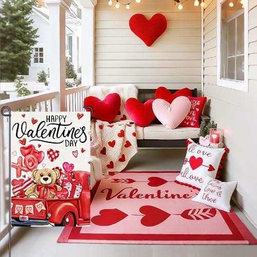 Bandera de jardín de San Valentín 12x18 con oso de peluche, camión rojo vintage y doble cara 5