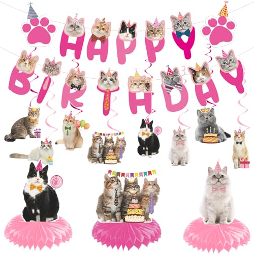 Image of Cat Birthday Party Hanging Swirls - NOVBAUB 20PCS Lovely Pink Cat Birthday Party Supplies Honeycomb Centerpieces Cute Cat Theme Birthday Party Decorations for Cats Kids Teens Adults