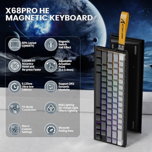 Image of ATTACK SHARK X68PRO HE Rapid Trigger Wireless Keyboard, 0.01mm RT Accuracy 8000Hz Wired Gaming Keyboard, Adjustable Actuation, Snap Tap, RGB Backlit, Magnetic Switch, C01 Coiled Cable -Black Gradient