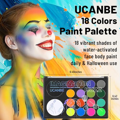 Image of UCANBE Face Body Paint 18 Colors, Water Based Face Painting Kit with Large White Black & Neon Glow UV Facepaint SFX Makeup Palette for Halloween Party Costume Cosplay & Stage Art Make Up