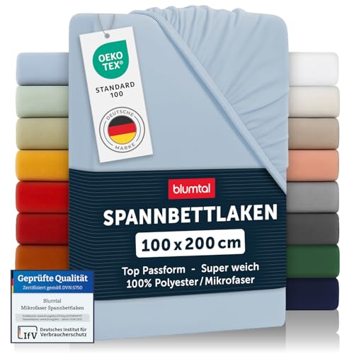 Blumtal® 2er Set Spannbettlaken 100x200x30cm aus Microfaser - Oekotex zertifiziertes Bettlaken Spannbettlaken in Blau – Ansicht 1