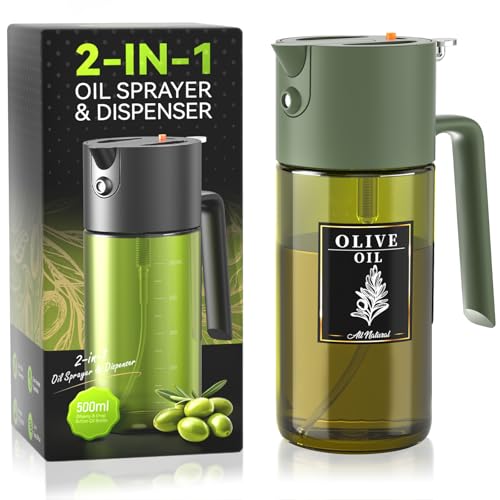 2-IN-1 500ml/17oz Light-Blocking Dark Oil Sprayer for Cooking W/Stickers, Dark Green Glass Olive Oil Dispenser Bottle for Kitchen, Even Spray with Portion Control, Perfect for Air Fryer, BBQ -Green
