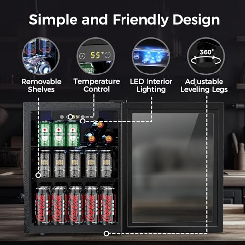 Image of COWSAR Mini Fridge Cooler, 16 Bottle 68 Can Beverage Refrigerator with Glass Door for Wine Beer Soda, Wine Fridge with Touch Control Panel, Wire Shelving for Home Office Bar, 1.7 Cu. Ft