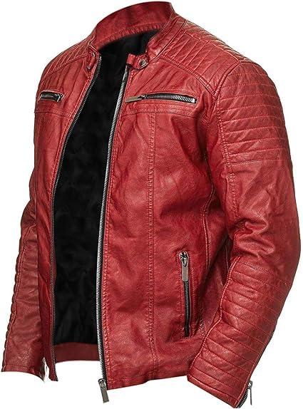 Image of Men's Leather Jacket Cafe Racer Biker Style Retro Stripes Jacket, Motorcycle Racing Leather Jacket Men