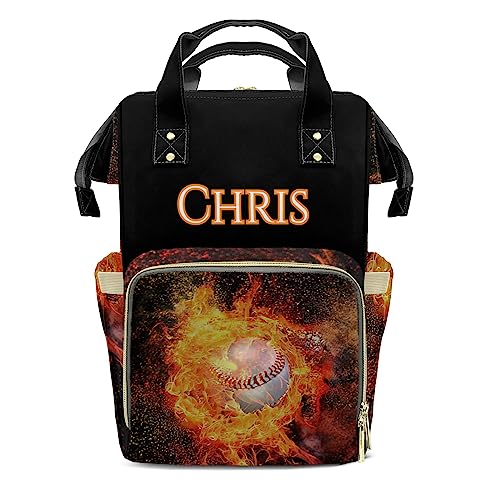 Personalized Fire Baseball Tote Bag Backpacks Custom with Text Mommy Bag Gift for Boy Girl