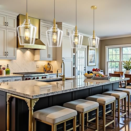 Image of Glass Pendant Lighting for Kitchen Island Entryway 2 Pack Gold Clear 8 Inch | Adjustable cord Dimmable, E26 bulbs, Rust-resistant Damp Rated For Bathrooms, 5-Year Manufacturer Warranty, UL Certification