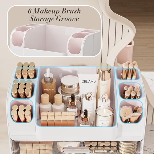 Delamu Large Makeup Organizer Countertop with 6 Brush Holders, Makeup Organizers for Vanity with 2 Large Drawers, Easy to Store Skincare, Lipsticks, Nail Polishes, Perfumes, Eyeshadow Palettes, White by Delamu - Image 5