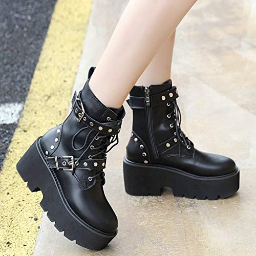 Image of Parisuit Womens Goth Patent Ankle Boots Platform Chunky Combat Boots | Lace Up, Gothic Boots, High Heel, Punk Short Booties, Buckle Boots, Chain Boots