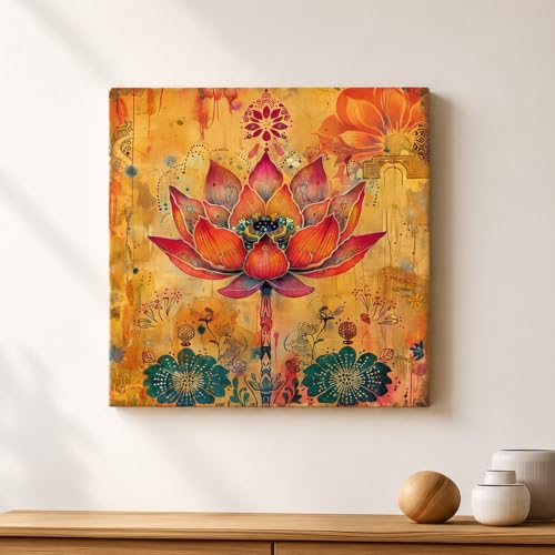 Image of PAINTINGMANTRA Floral Lotus Artwork Stretched Canvas Painting for Living Room | Botanical Lotus Pattern Wall Decor Art For Livingroom, Bedroom, Office, Hallways - 16x16 Inch