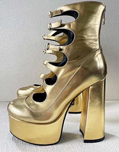 Frankie Hsu Gold Lolita Women's Big Large Size Performer Cosplay Club Dancing Buckle Strap Plain Platform Chunky Block High Ankle Heeled Sandal Boots Bootie Shoes4