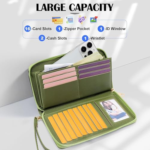 Image of Chelmon Womens Wallet Genuine Leather RFID Blocking Purse Credit Card Clutch (CH Green Army)