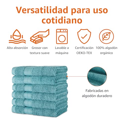 Infografía sobre las características de las toallas de mano de algodón orgánico, incluyendo alta absorción, lavabilidad y certificación OEKO-TEX