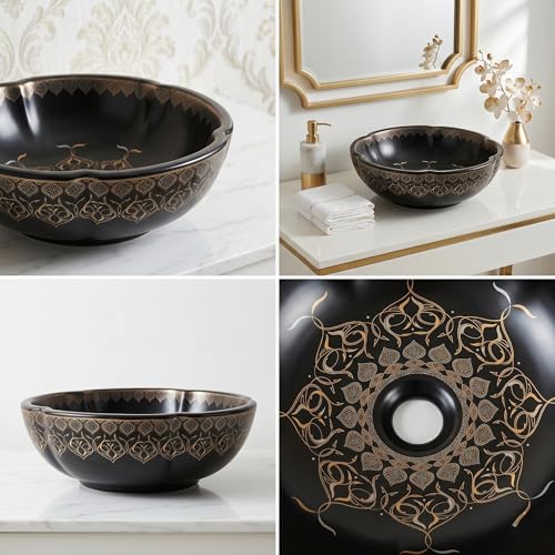 Image of BASSINO 16.5x16.5x5 Inches Moroccan Table Top Wash Basin /Matte Black Bowl Sink for Bathroom /Vanity sink /Handcrafted Flower Shape Countertop Washbasin for Office /Hotel(Matt)