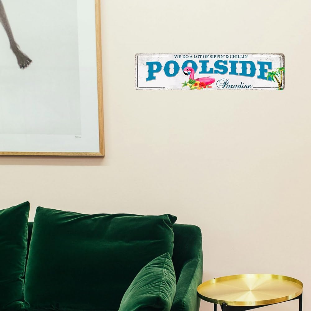 Outdoor Pool Decor Pool Sign Poolside Paradise Rustic Looking Tin Metal Signs Outdoor Patio Signs Outdoor Bar Decor Outdoor Patio Signs Backyard Outside Pool Deck Decorations 4x16Inches - Image 6