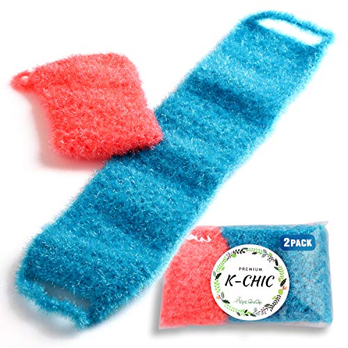 K-CHIC Premium Hand Crochet Korean Exfoliating Cloth Mitt - Large Italy Bath Towel, Long Exfoliating Back Washcloth, Body Scrubbing Scrub Washcloths Mitten; Handmade Double Layered Loofah (2pack)