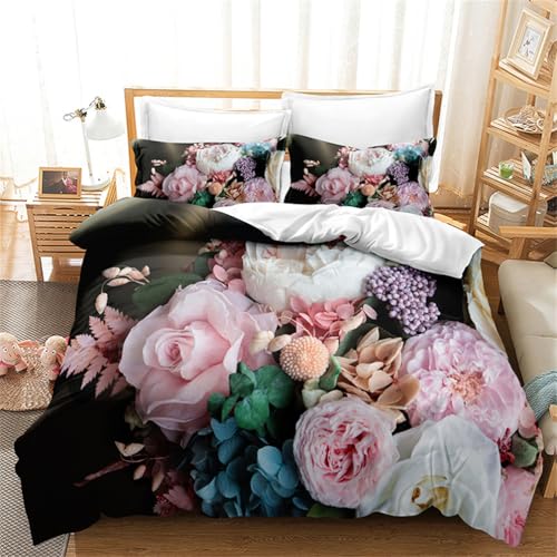 Tomifine Duvet Cover Set Rose Flower Printing Romantic Floral Bedding Set Flowers Pattern Duver Cover With Pillowcases Microfiber (King 230x220 cm,Pink Flowers)