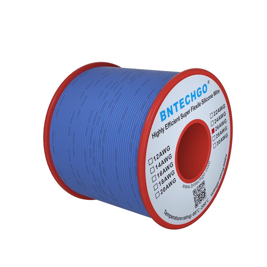 BNTECHGO 26 Gauge Silicone Wire Spool Blue 250 ft Ultra Flexible High Temp 200 deg C 600V 26 AWG Silicone Rubber Wire 30 Strands of Tinned Copper Wire Stranded Wire for Model Low Impedance
