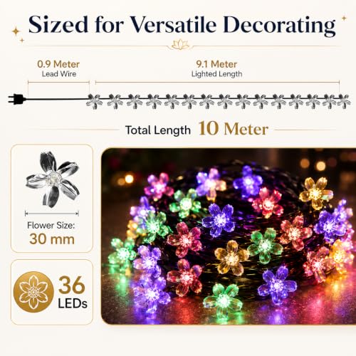 Image of One94Store 36 Feet Silicone Cherry Blossom Flower LED Fairy String Lights (36 LEDs) for Diwali Decoration, Home Decor, Window, Balcony, Pooja, Wedding, Christmas & Party, Multicolor | Made in India