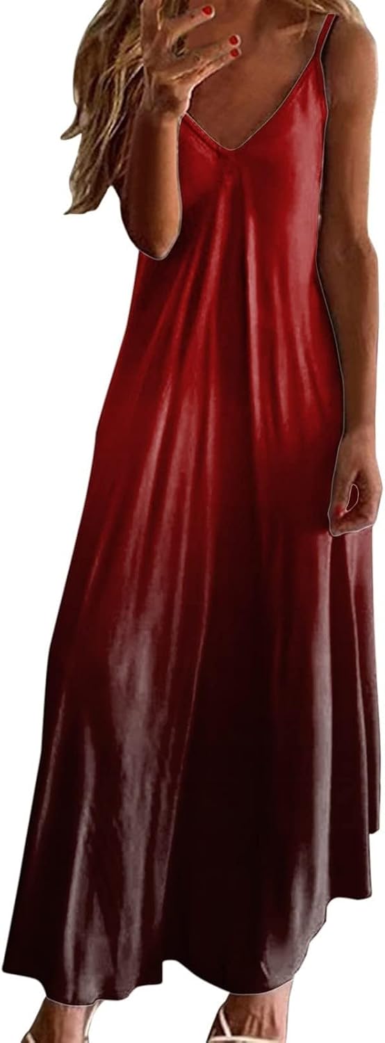 Women's Summer Spaghetti Strap Maxi Dress Casual Ombre Cami Halter Neck Dresses Beach Vacation Sundress