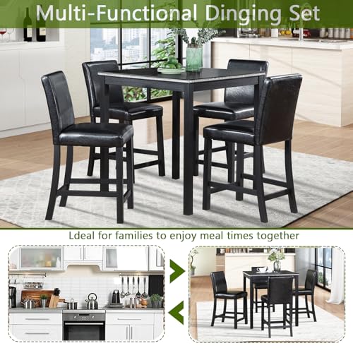 Image of KEIKI 5-Piece Counter Height Dining Table Set with Square Table and 4 Upholstered Chair, for 4 Person, Classic Style Crystal Decoration Wooden Table Set, Easy Assembly, for Kitchen, Dining Room, Black
