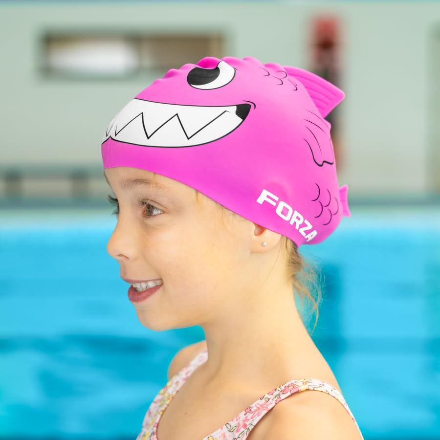 FORZA Kids' Swimming Cap with Fun Fish Design | Premium Silicone Swim Hat for Children Aged 3-7 – Comfortable, Durable, and Splash-Proof (Pink, Pack of 50)