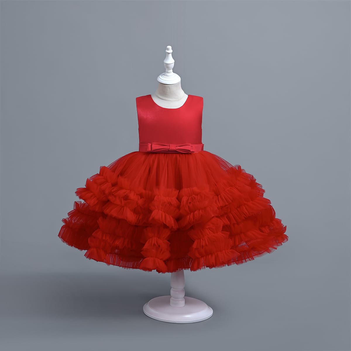 deAO Princess Costume for Girls, Sleeveless Layered Tulle Fancy Dress with Satin Waist Bow, Kids Princess Tutu Outfits Dress for Party Cosplay Birthday Wedding Christmas (Red, 3–4 Years)