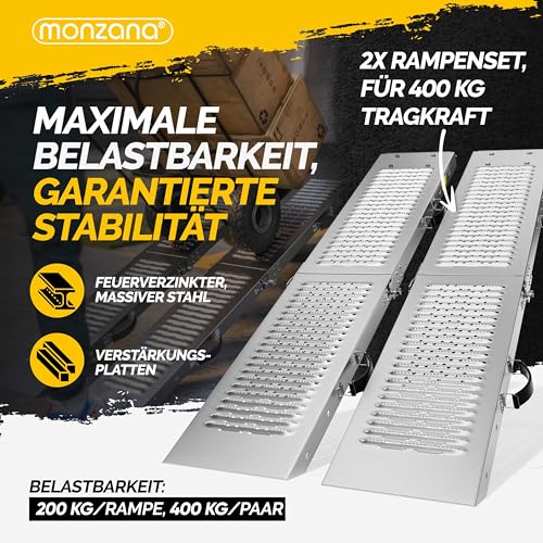MONZANA® 2X Auffahrrampe 400kg (je 200kg) klappbar Laderampe verzinkter Stahl rutschfeste Oberfläche Auffahrschiene Verladerampe PKW Verladeschiene