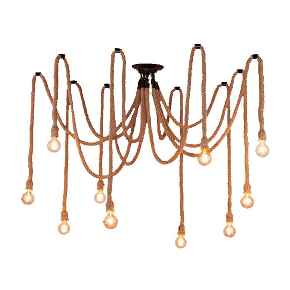 Plafonnier araignée en corde de chanvre 8 lumières luminaire rétro pour îlot de cuisine
