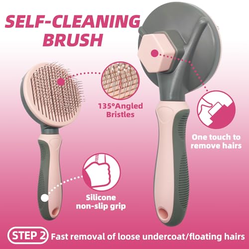Image of Pet Grooming Kit - 7 PCS Deshedding Brush Set with Slicker, Undercoat Rake, Bath Brush & Nail Clipper for Short & Long Haired Dogs, Cats (Pink)