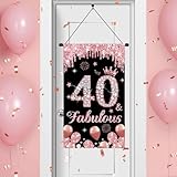 Rose Gold 40 and Fabulous Door Sign for Birthday Decorations - Pink Happy Sweet 40th Party Supplies - Porch Banner and Hanger for Women