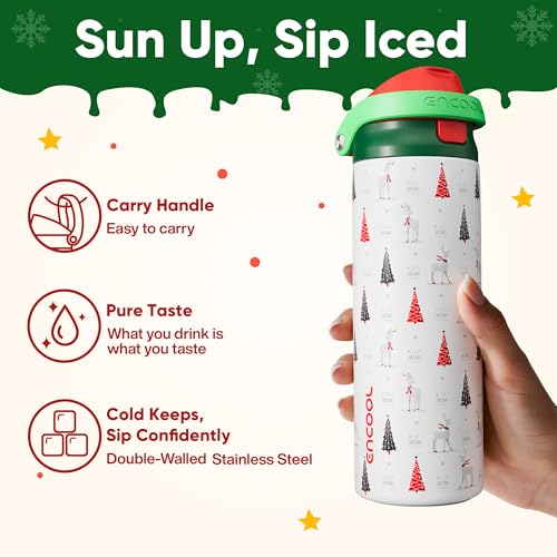 Image of ENCOOL Christmas SwiftSip Insulated Water Bottle with Straw, Stainless Steel Water Bottle, Leak Proof BPA-Free, Keeps Cold for 24 Hours for Sports, Christmas Holiday Gifts for Women, 24oz, Nordic Noel