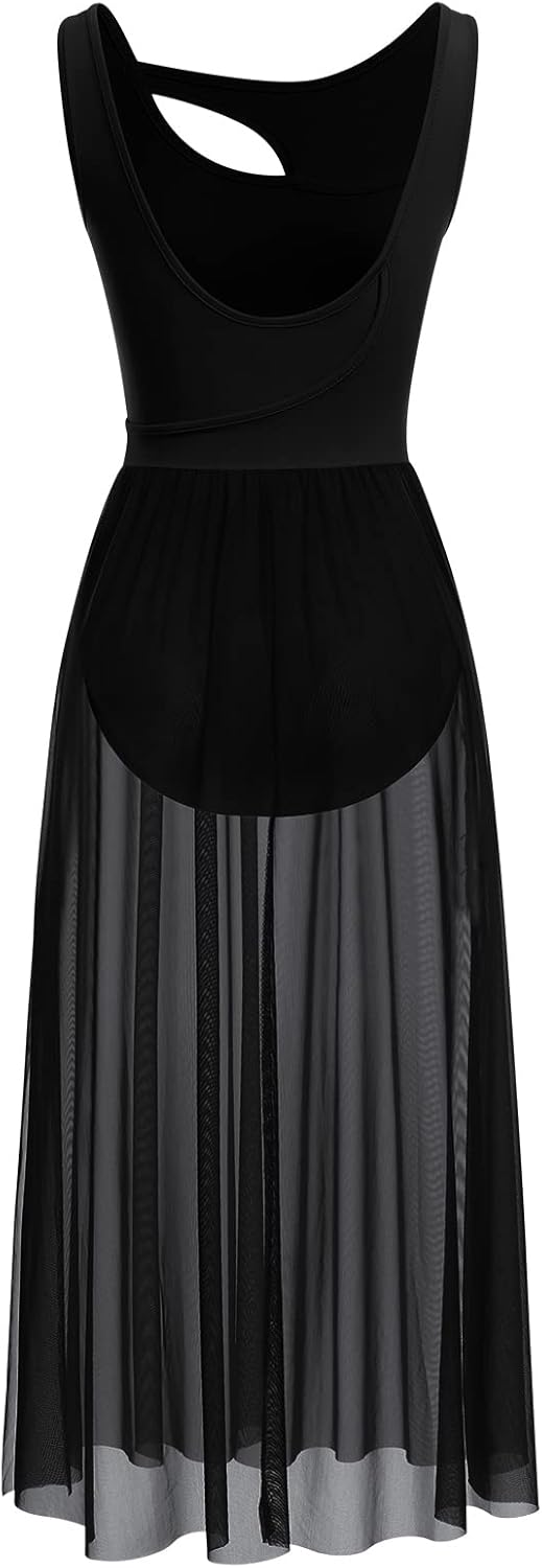 ODASDO Lyrical Dance Costumes for Women Contemporary Dancewear Sleeveless Cut Out Front Mesh Tulle Maxi Dress XS-XL - Image 3