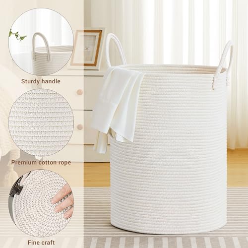 Image of 100L Extra Large Tall Cotton Rope Laundry Basket with Handle, White