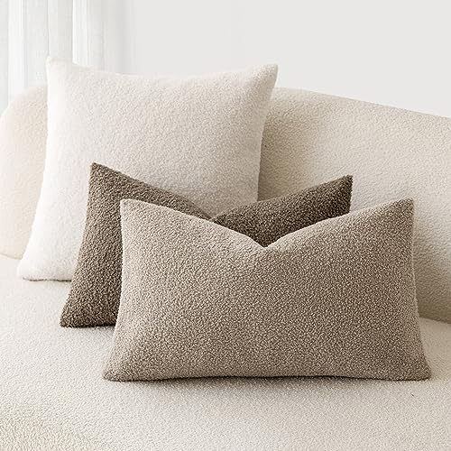 Image of Foindtower Pack of 2, Curly Faux Fur Decorative Throw Pillow Covers Soft Neutral Plush Cushion Case with Zipper Cozy Fluffy Pillowcase for Home Living Room Couch Bedroom Bed Sofa 12 x 20 Inch, Beige