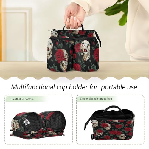 Image of Luggage Cup Holder for Suitcases Free Hands Suitcase Cup Holder Travel Luggage Drink Holder Portable Luggage Cup Caddy Bag Carrier with Handle Mexico Skull Rose Flowers Red
