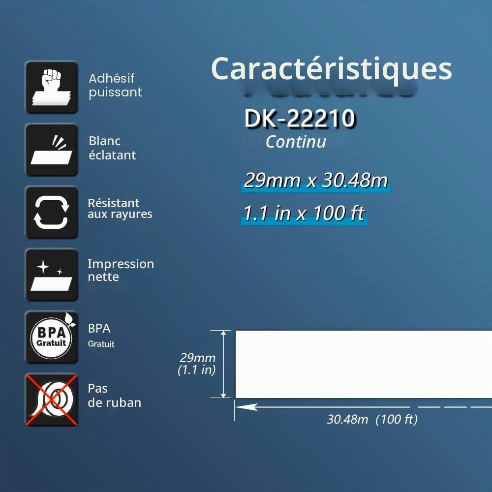BETCKEY DK-22210 Rouleau de Papier Continu Compatible Brother, 29mm x 30.48m, 10 Étiquettes
