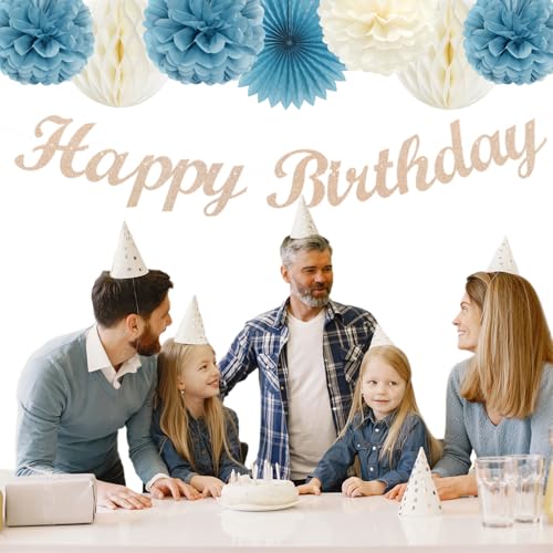 Image of Dusty-Blue White Birthday Party-Decorations Paper-Flowers - 14pcs Happy Banner Boy Lanterns Tissue Pom Poms,Men Streamers Garland Fans Honeycomb,Baby Teen Male Kids Hanging Supplies Decor Hugfond