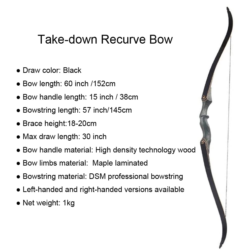 SHARROW Tiro con L'Arco Takedown Arco Ricurvo 60 Pollici Arco da Caccia per Adulti in Legno Fatto a Mano Archi Ricurvi Longbow 25-65lbs RH/LH