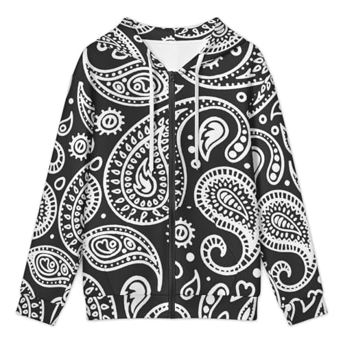 Black White Bandana Paisley Men's Hoodie Full-zip Hooded Sweatshirt Zip-up Pockets Jackets3