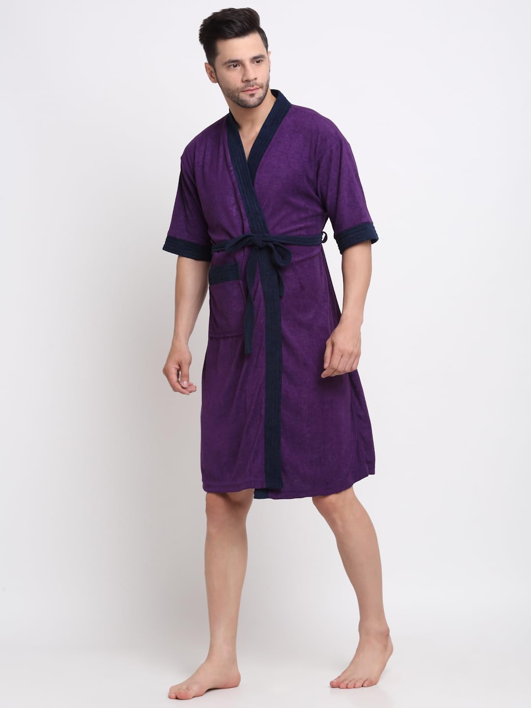 CREEVA Everyday Unisex Micro Terry Bathrobe Collection With kimono collar and 1 Pocket, 3/4 Sleeve Bath Robe Super Soft Light Weight - Indigo & Navy - Image 2 thumbnail
