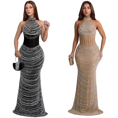 PORRCEY Women Sexy Elegant Rhinestone Mesh See Through Evening Dresses Party Club Night Clubwear4