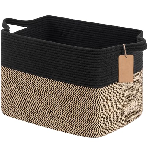 Image of Goodpick 50L Large Woven Storage Basket for Organizing, Black & Jute | 18 inch x 14 inch x 12 inch Stylish Gift Basket for Living Room & Bedroom Organization, Wicker Baskets for Shoes & Toys Storage