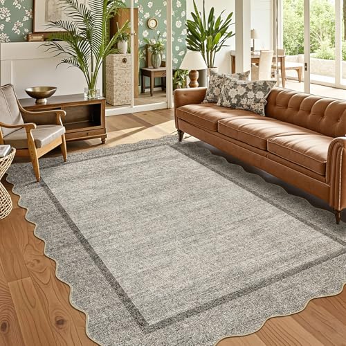 GarveeHome Scalloped Washable Rug 9x12 Area Rug for Living Room Modern Bedroom Rug Brown Large Area Rug Non Slip Throw Rugs Soft Low Pile Stain Resistant Carpet for Dorm Nursery Dining Room 9'x12'