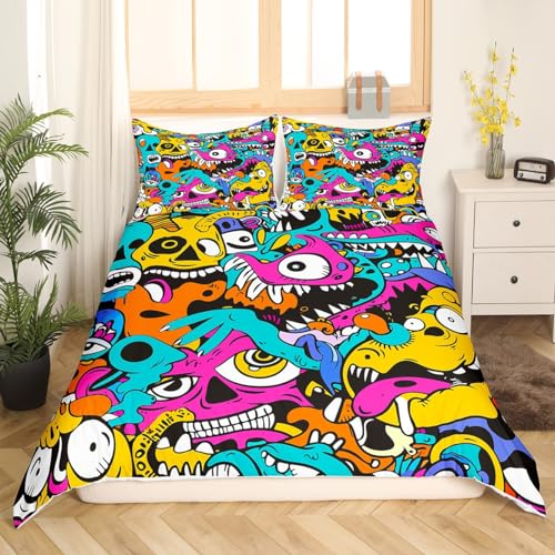 Graffiti Style Bedding Set for Kids Boys Teens Hip Hop Duvet Cover 2 Pieces 135 x 200cm & 2Pillowcase Colorful Hippie Soft Microfiber Graffiti Wall Art Design Comforter Cover with Zipper - Image 3
