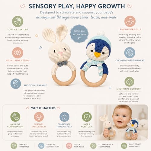 Image of Handmade Crochet Bunny & Penguin Wooden Teether Combo | Baby Teething Ring Toy | Natural Wood Infant Chew Toy | Soft Knitted Newborn Rattle Teether | Organic Cotton Baby Gift Set (Pack of 2)