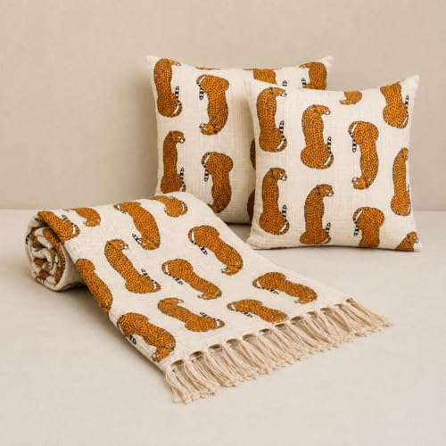 Image of Safari Leopard Heritage Printed Cotton Sofa Throw Blanket (50x70 Inches) with 2 Pcs Cushion Cover (16x16 Inch) Soft Lightweight for Couch, Living Room & Bed (Pack of 3)
