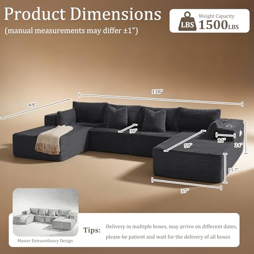 Image of 138 inch Cloud Sectional Couch, Comfort U Shaped Sofa for Living Room, Extra Deep Seats No Assembly, Minimalist Modular Couch, Corduroy (Dark Grey, 6 Seats,U-Shape C)