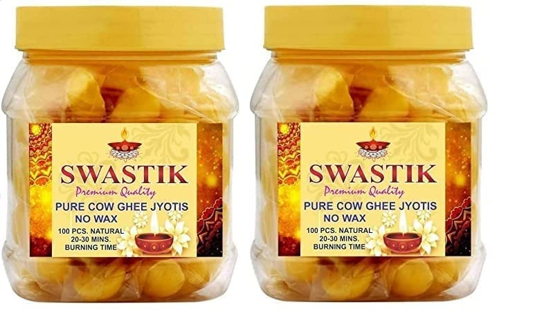 SWASTIK Pure Cow Ghee Diya for Puja and Special Occasions, Ghee Wicks/Readymade Ghee Cotton Wicks/Diya Batti/Puja Batti/Jyot Batti for Diwali Pooja (Pack of 100 PCs) Pack of 2