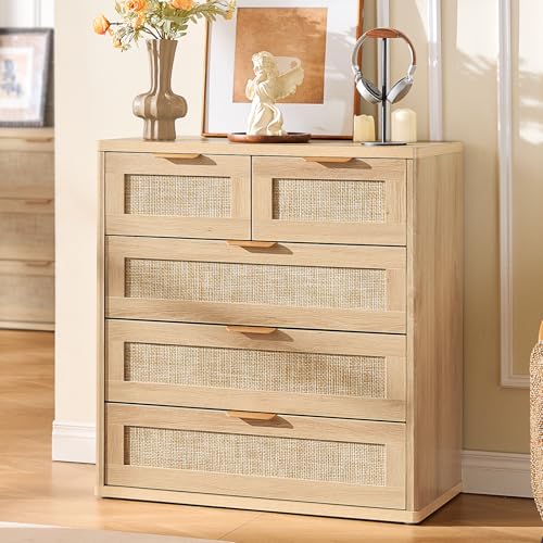 Image of LEYAOYAO Rattan Dresser for Bedroom, 33.5 inch Tall Chest of Drawers, Modern 5 Drawers Boho Dressers with Storage, Light Oak Dresser Wooden Closet Organizer for Living Room, Hallway, Natural Wood