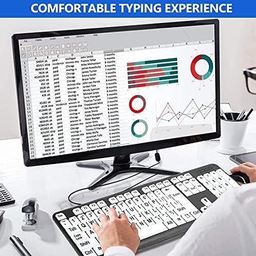 Zunate White Large Print Computer Keyboard, Standard 104 Keys USB Wired Keyboard, High Contrast White Keys with Big Print Letters Help for Seniors and Low Vision Individuals, Plug and Play(black)